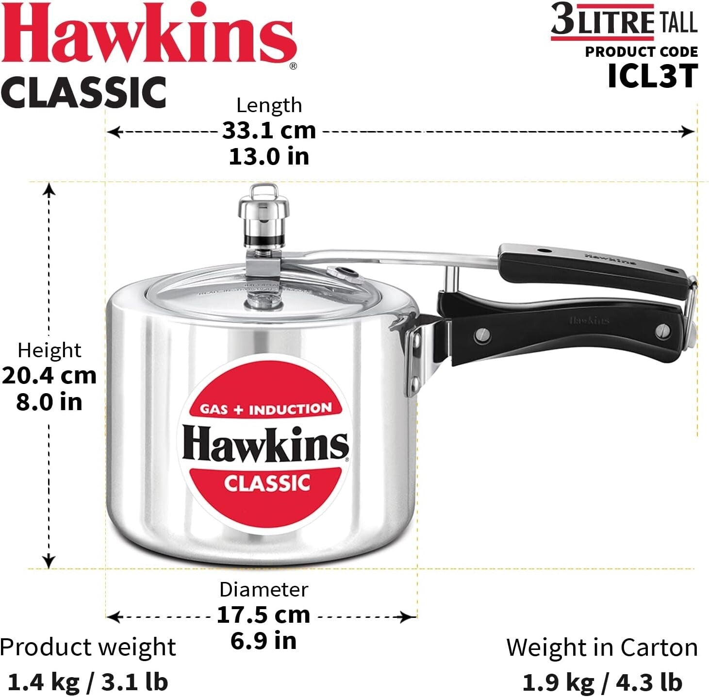 Hawkins 3 Litre Classic Pressure Cooker, Induction Inner Lid Cooker, Tall Design